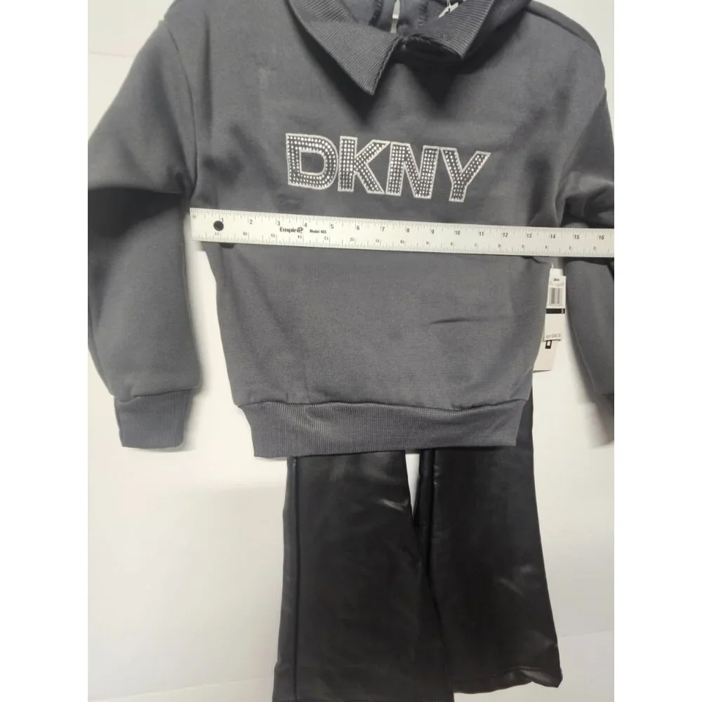 DKNY Girls S- 5‎ 2Pc Outfit, Sparkling Stone Logo Sweatshirt, Black Flared Pants